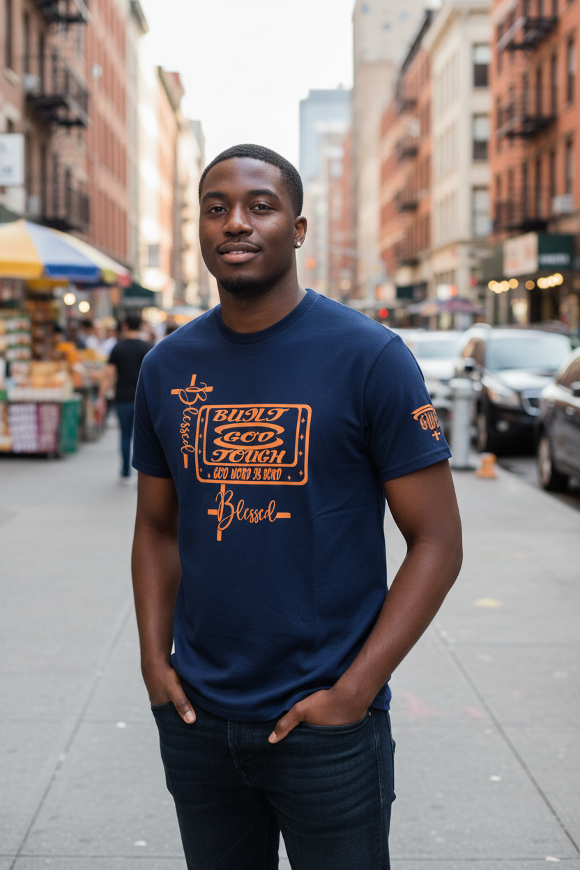 Navy Blue T-Shirt: Built God Tough graphic Design and a Cross with the word Blessed in orange.