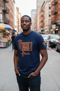 Navy Blue T-Shirt: Built God Tough graphic Design and a Cross with the word Blessed in orange.