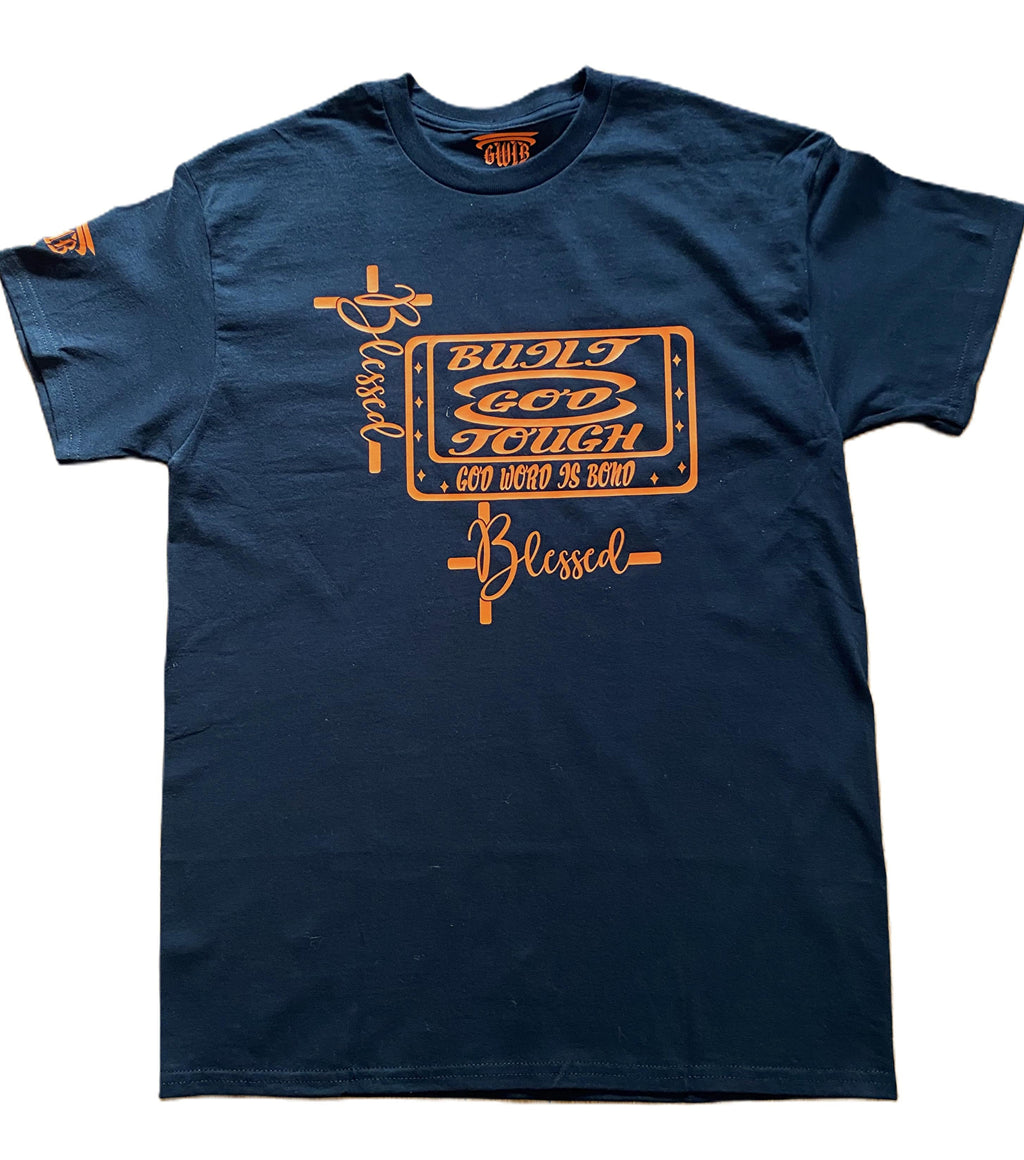 Navy blue t-shirt with orange text and graphics on a white background