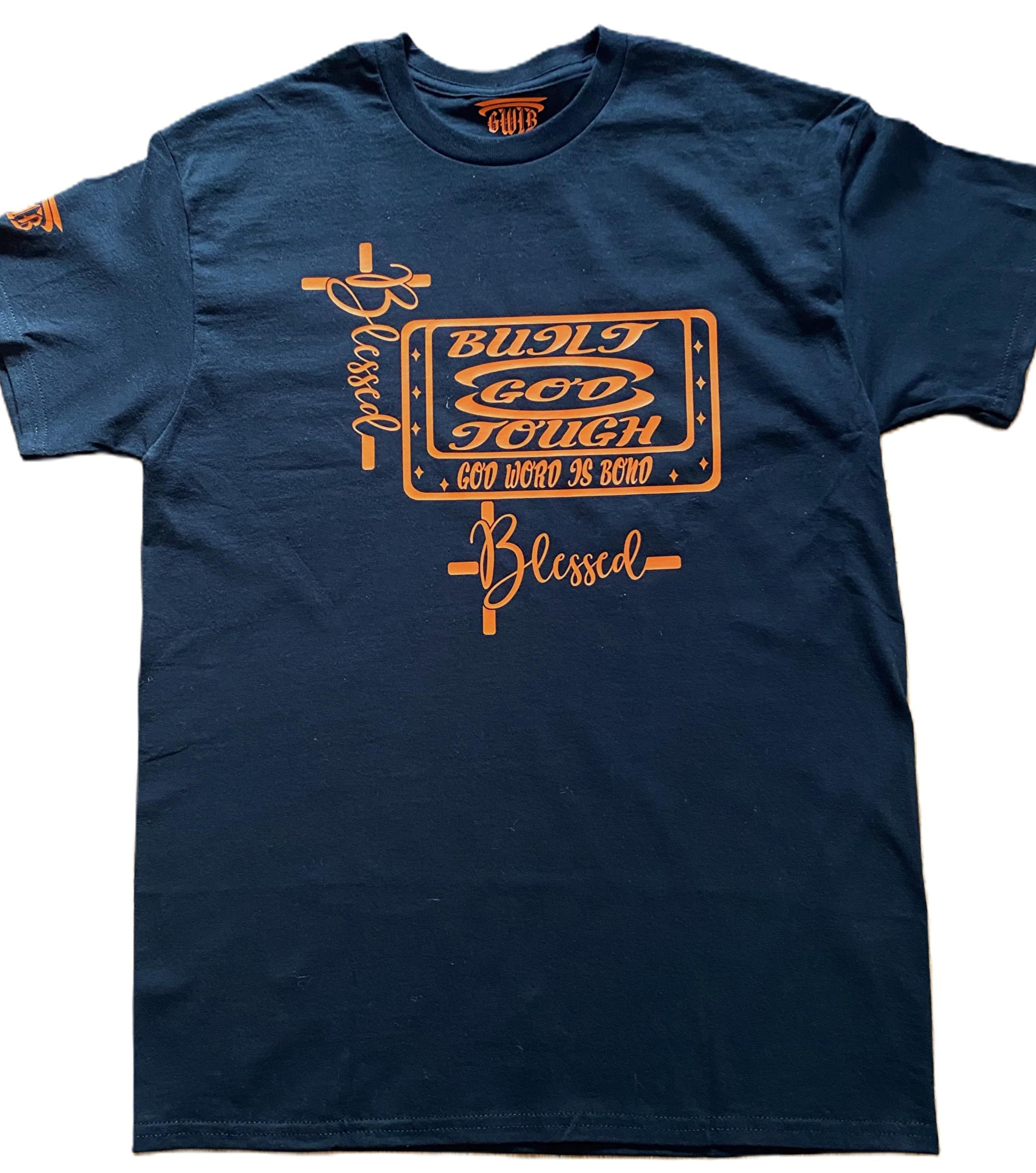 Navy blue t-shirt with orange text and graphics on a white background