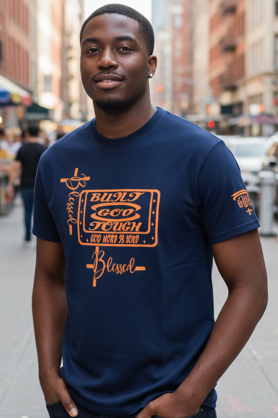 Navy Blue T-Shirt: Built God Tough graphic Design and a Cross with the word Blessed in orange.