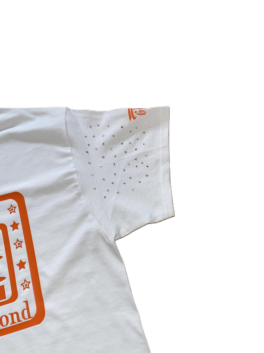 White with orange Built God Tough motivational T-Shirt decorated with rhinestones.