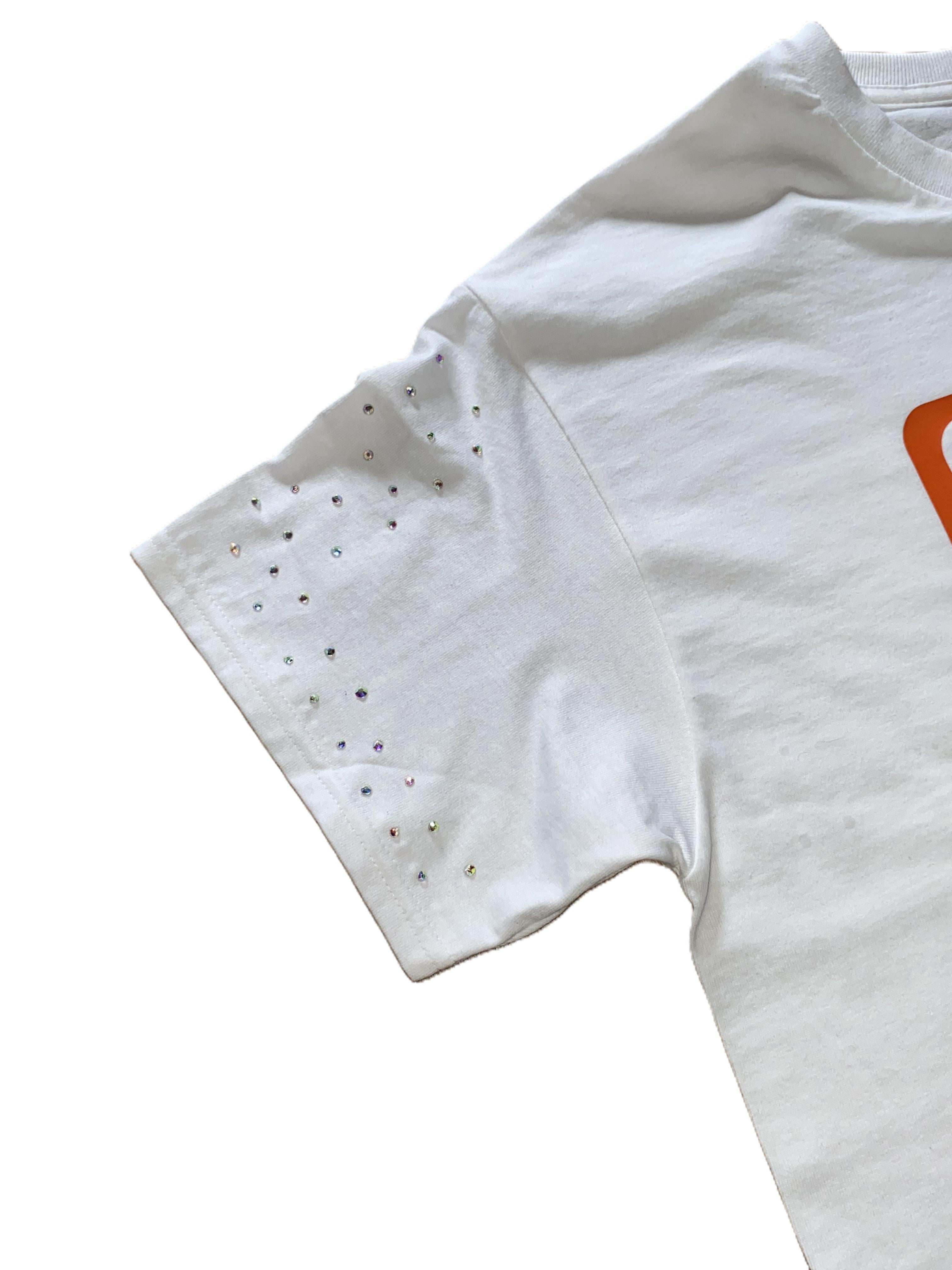 White with orange Built God Tough motivational T-Shirt decorated with rhinestones.