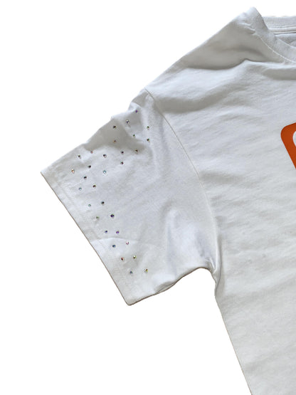 White with orange Built God Tough motivational T-Shirt decorated with rhinestones.