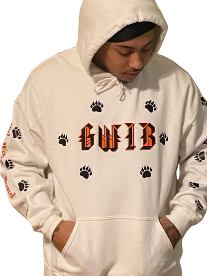 Person wearing a white hoodie with 'GWIB' text across the chest and God Word Is Bond down the sleeve with paw prints.