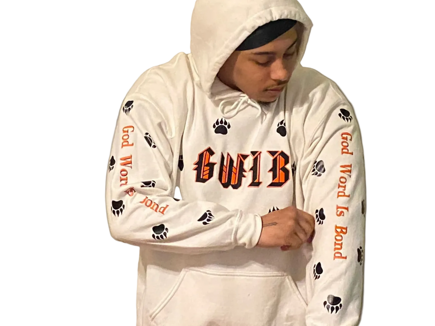 Person wearing a white GWIB-God Word Is Bond, hoodie with paw prints 