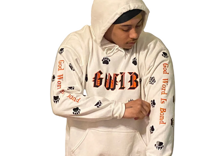 Person wearing a white GWIB-God Word Is Bond, hoodie with paw prints 