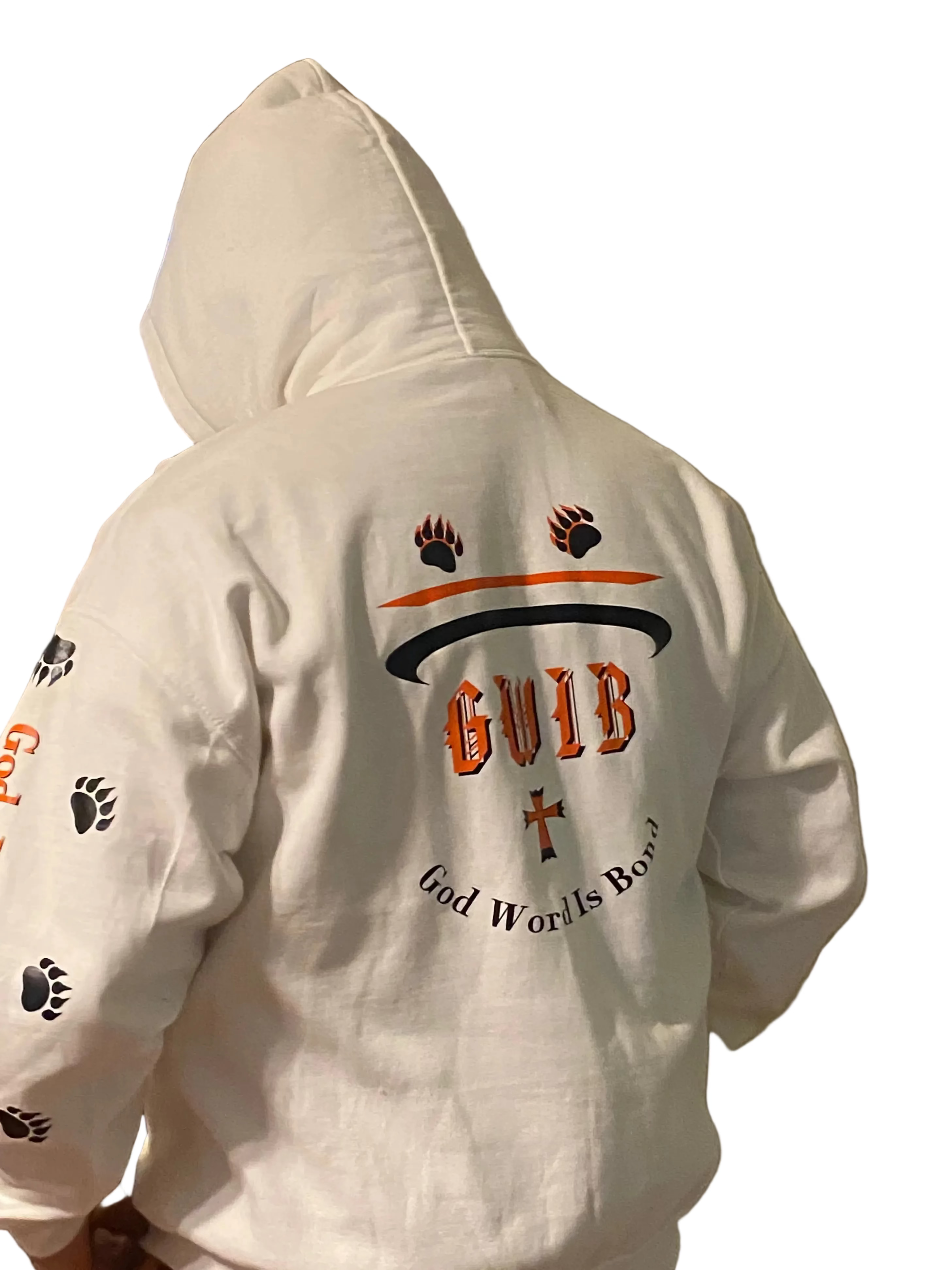 Person wearing a white GWIB-God Word Is Bond, hoodie with paw prints 