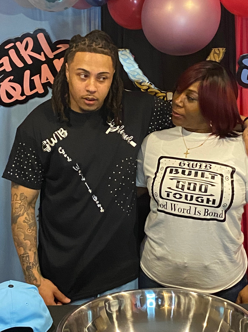 Black T-Shirt with an inspiring Christian design on the front and back decorated with rhinestones.