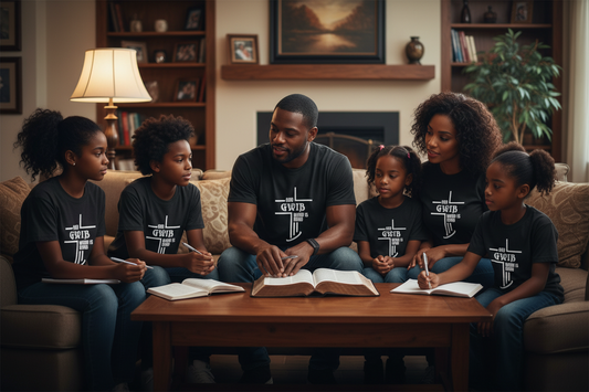 Family of six sitting together on a couch, reading books and a Bible. Wearing GWIB-God Word Is Bond, Cross design t-shirt.