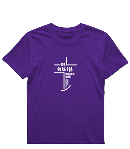 Purple t-shirt with white text and a cross design on a white background. GWIB-God Word Is Bond