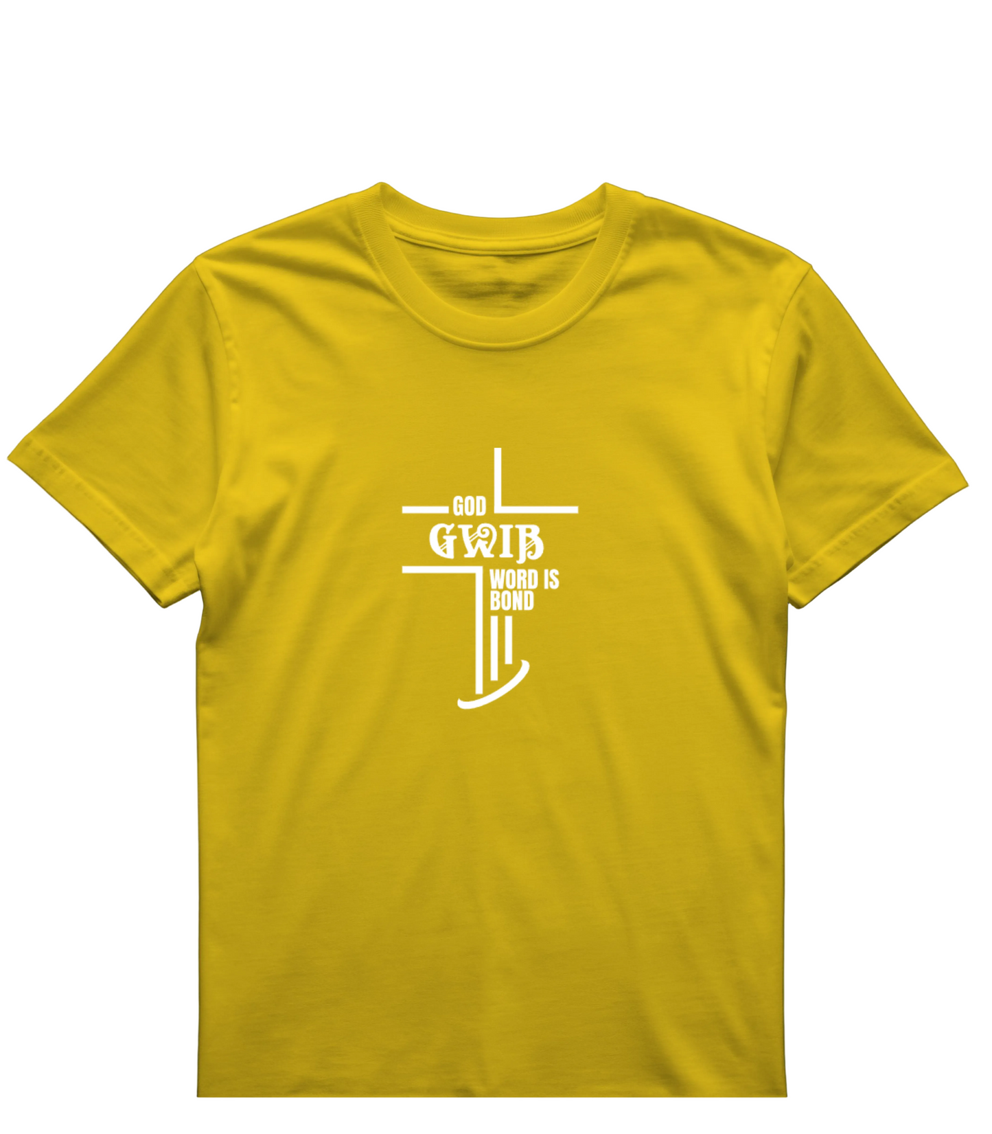 Yellow t-shirt with white letters and a cross design on a white background. GWIB God Word Is Bond
