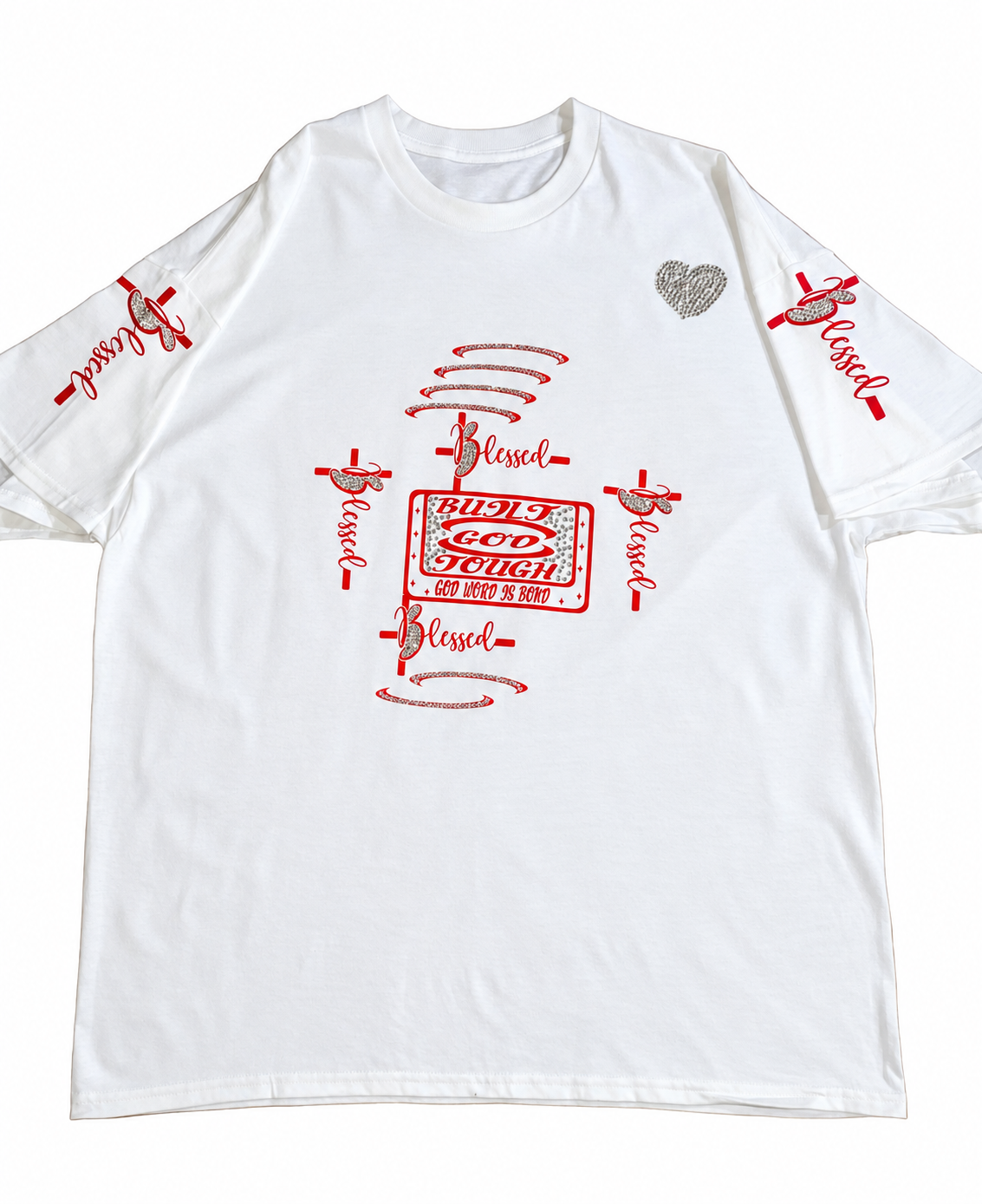 White Built God Tough T-shirt laid flat, showing red Blessed cross graphics and silver rhinestone details