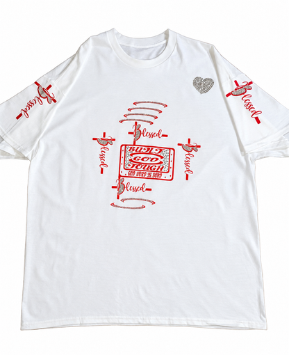 White Built God Tough T-shirt laid flat, showing red Blessed cross graphics and silver rhinestone details