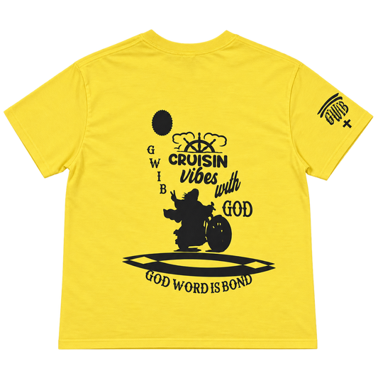 Yellow Cruisin Vibes with God Christian motorcycle T-shirt laid flat with black artwork and GWIB sleeve logo