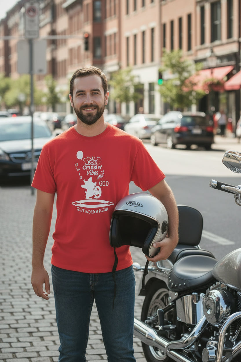 Cruisin Vibes with God T-Shirt: Motorcycle Graphic, Christian Apparel