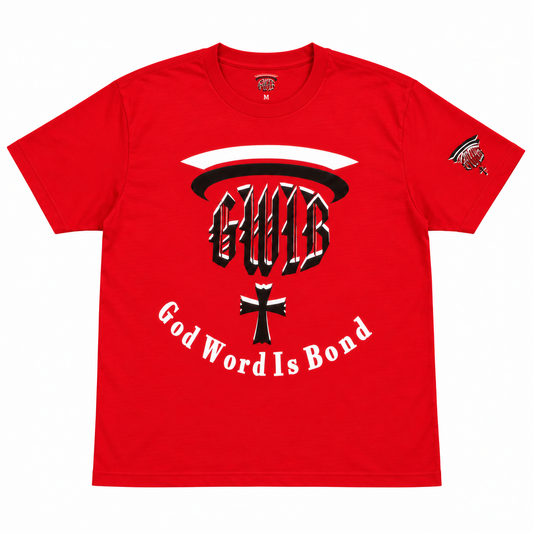 Red GWIB Logo Christian T-Shirt front flat lay with GWIB size M inside collar