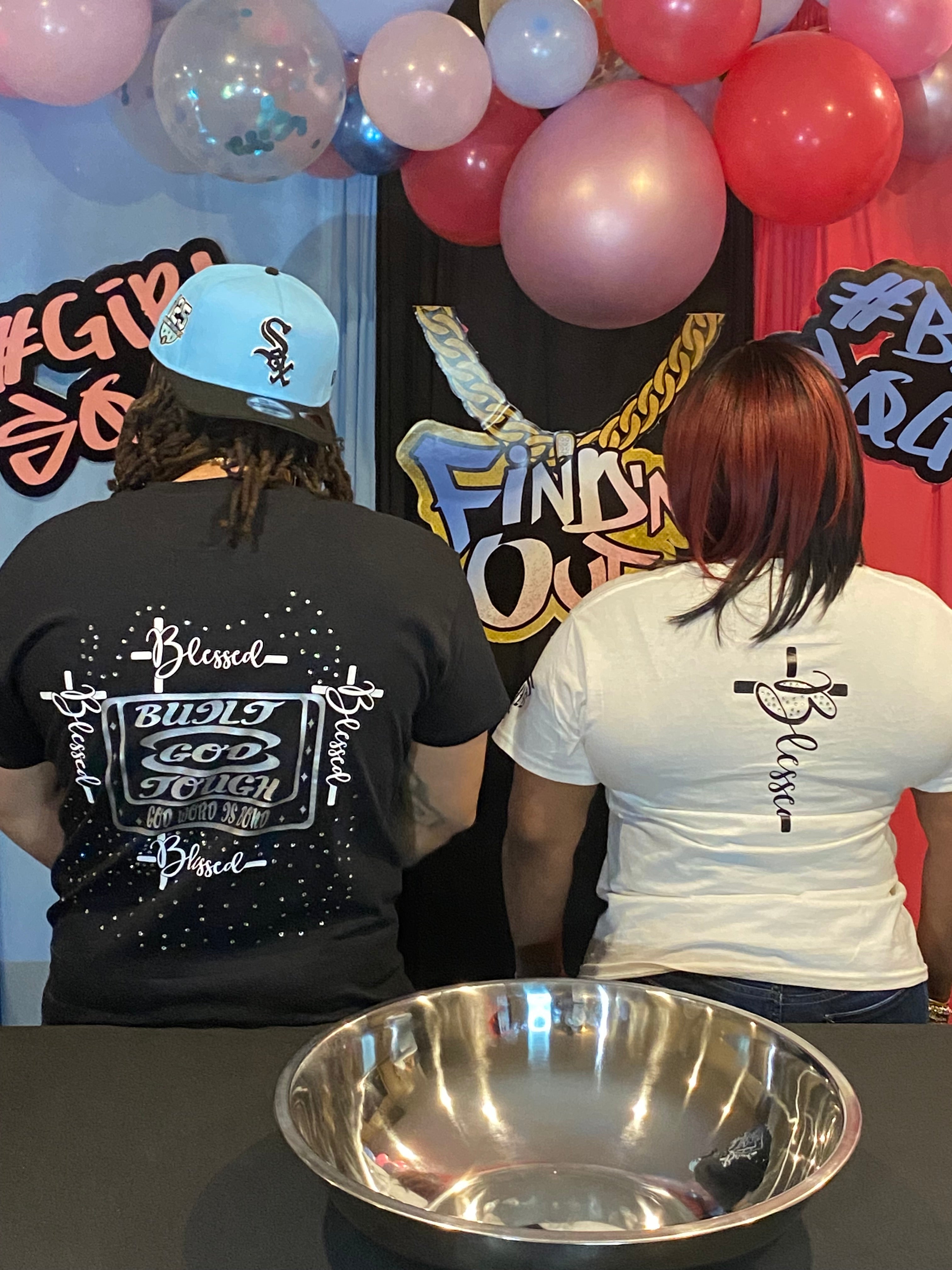 Black T-Shirt with an inspiring Christian design on the front and back decorated with rhinestones.