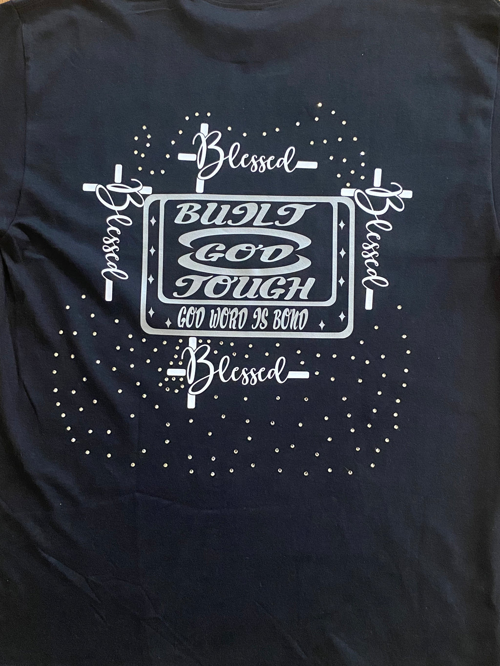 Black T-Shirt with an inspiring Christian design on the front and back decorated with rhinestones.