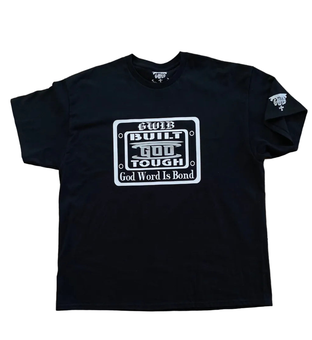 Black T-Shirt with motivational white and silver Built God Tough design on the front and the word Blessed with a cross on the back