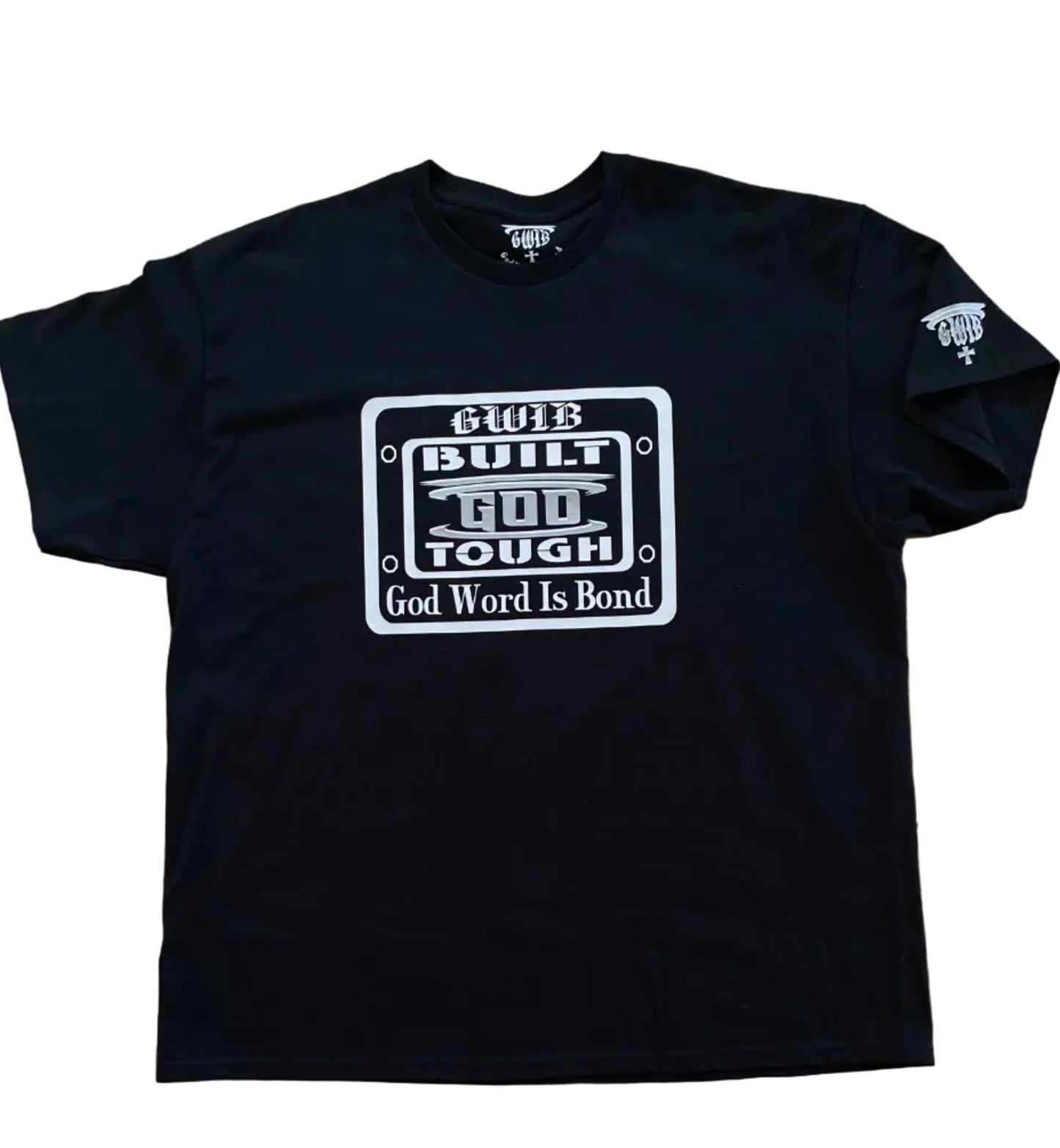 Black T-Shirt with motivational white and silver Built God Tough design on the front and the word Blessed with a cross on the back