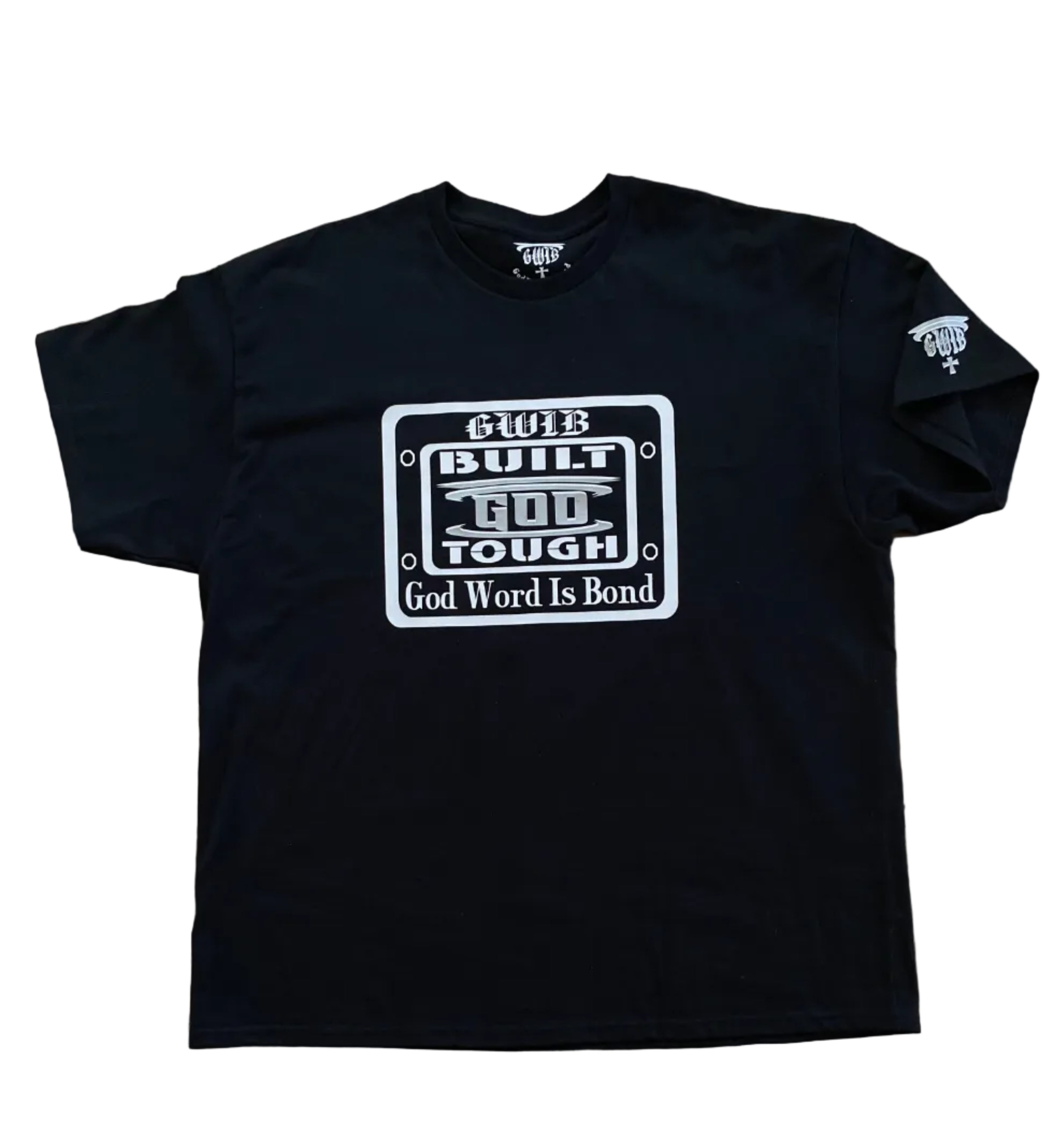 Black T-Shirt with motivational white and silver Built God Tough design on the front and the word Blessed with a cross on the back