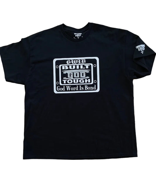 Black T-Shirt with motivational white and silver Built God Tough design on the front and the word Blessed with a cross on the back