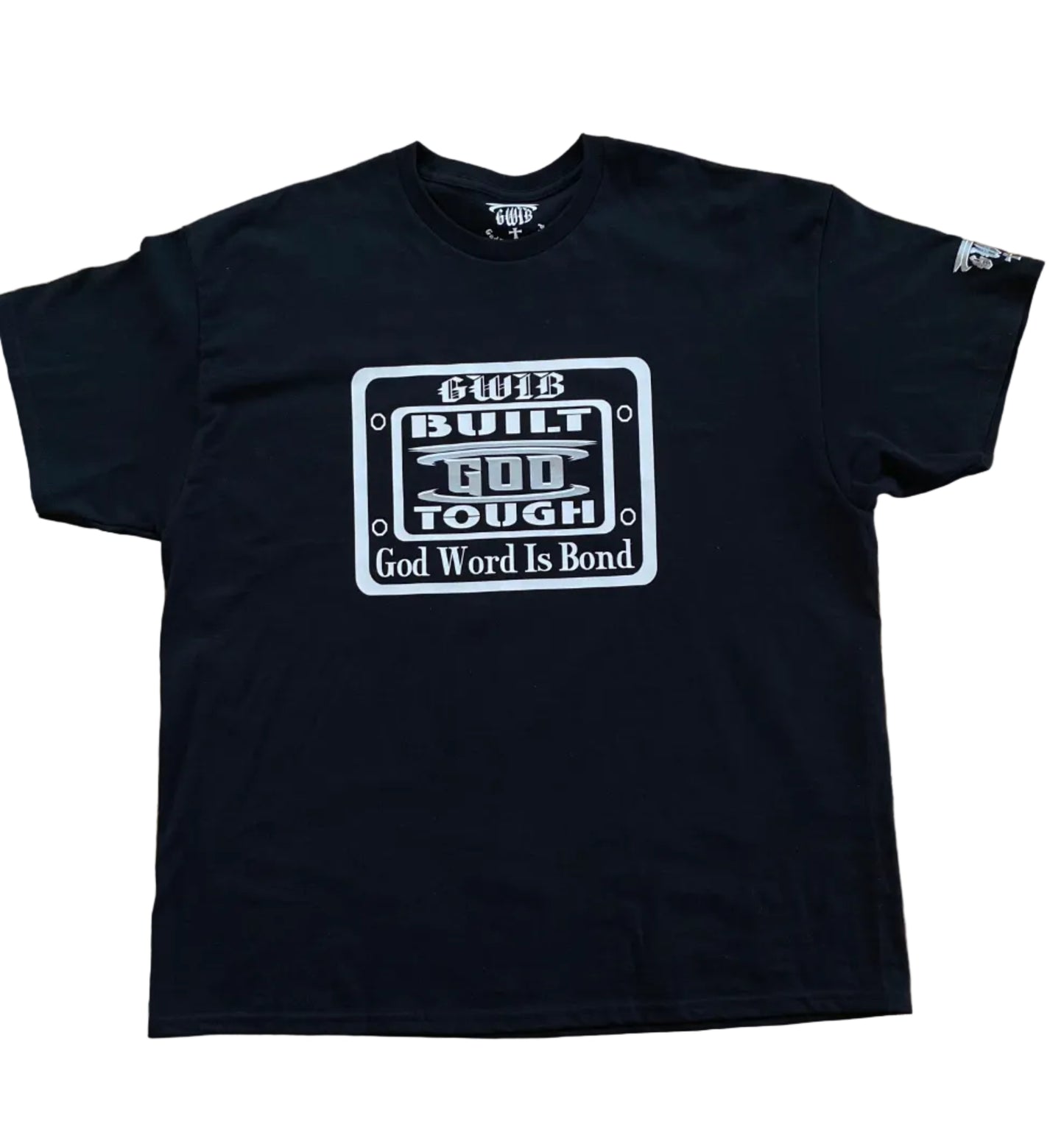 Black T-Shirt with motivational white and silver Built God Tough design on the front and the word Blessed with a cross on the back