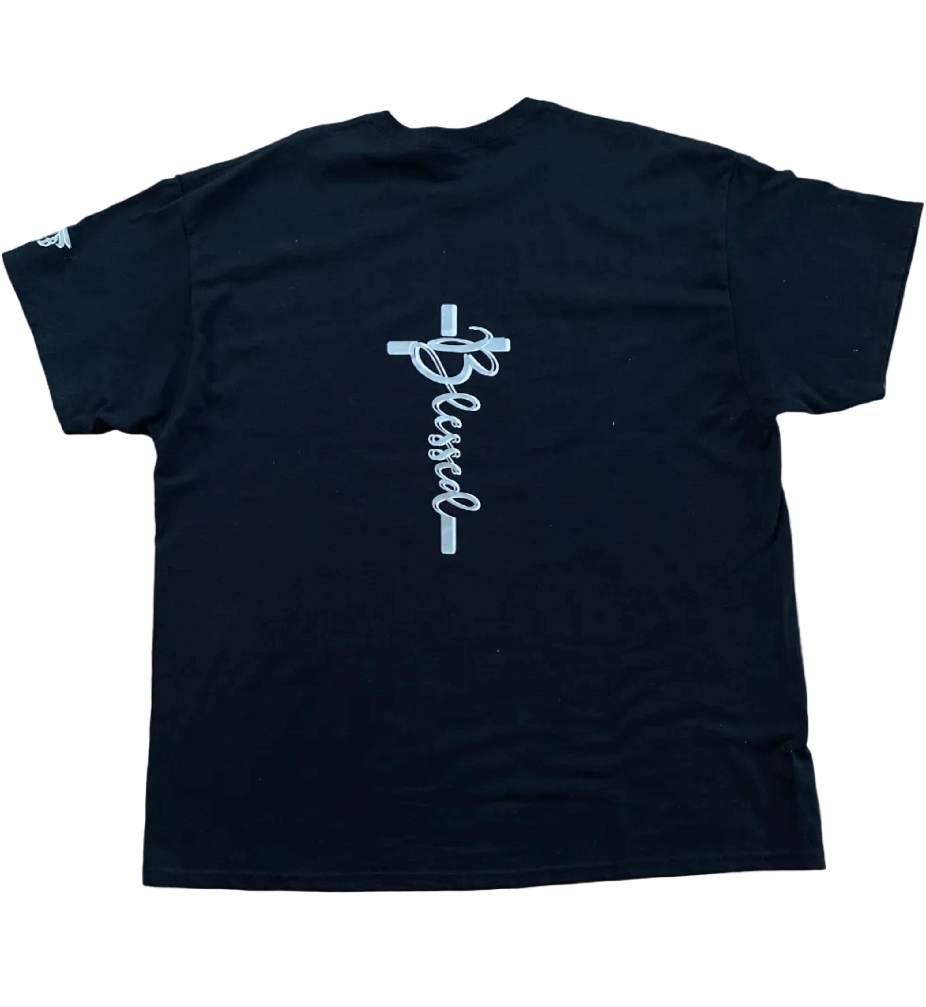 Black T-Shirt with motivational white and silver Built God Tough design on the front and the word Blessed with a cross on the back