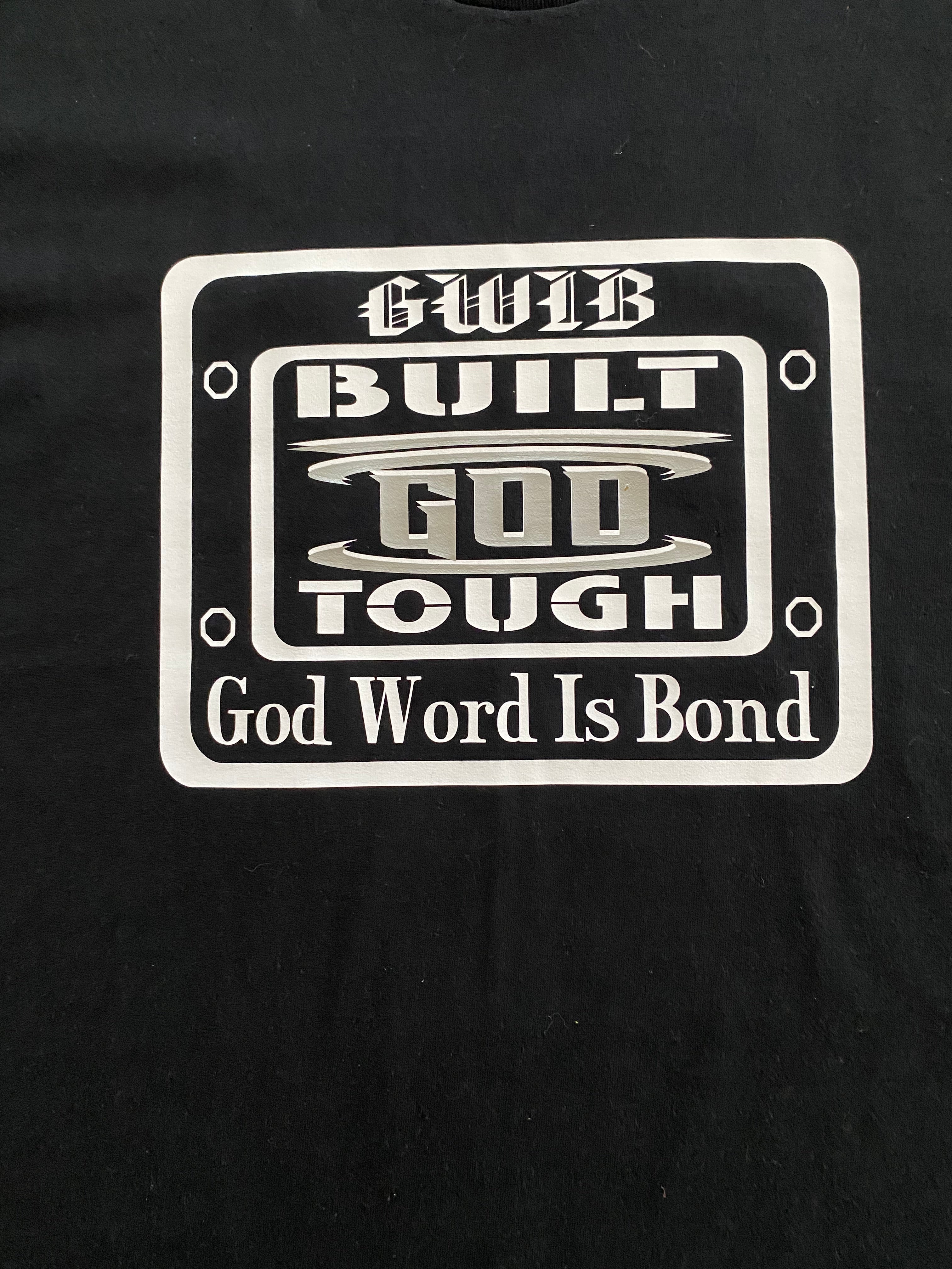 Black T-Shirt with motivational white and silver Built God Tough design on the front and the word Blessed with a cross on the back