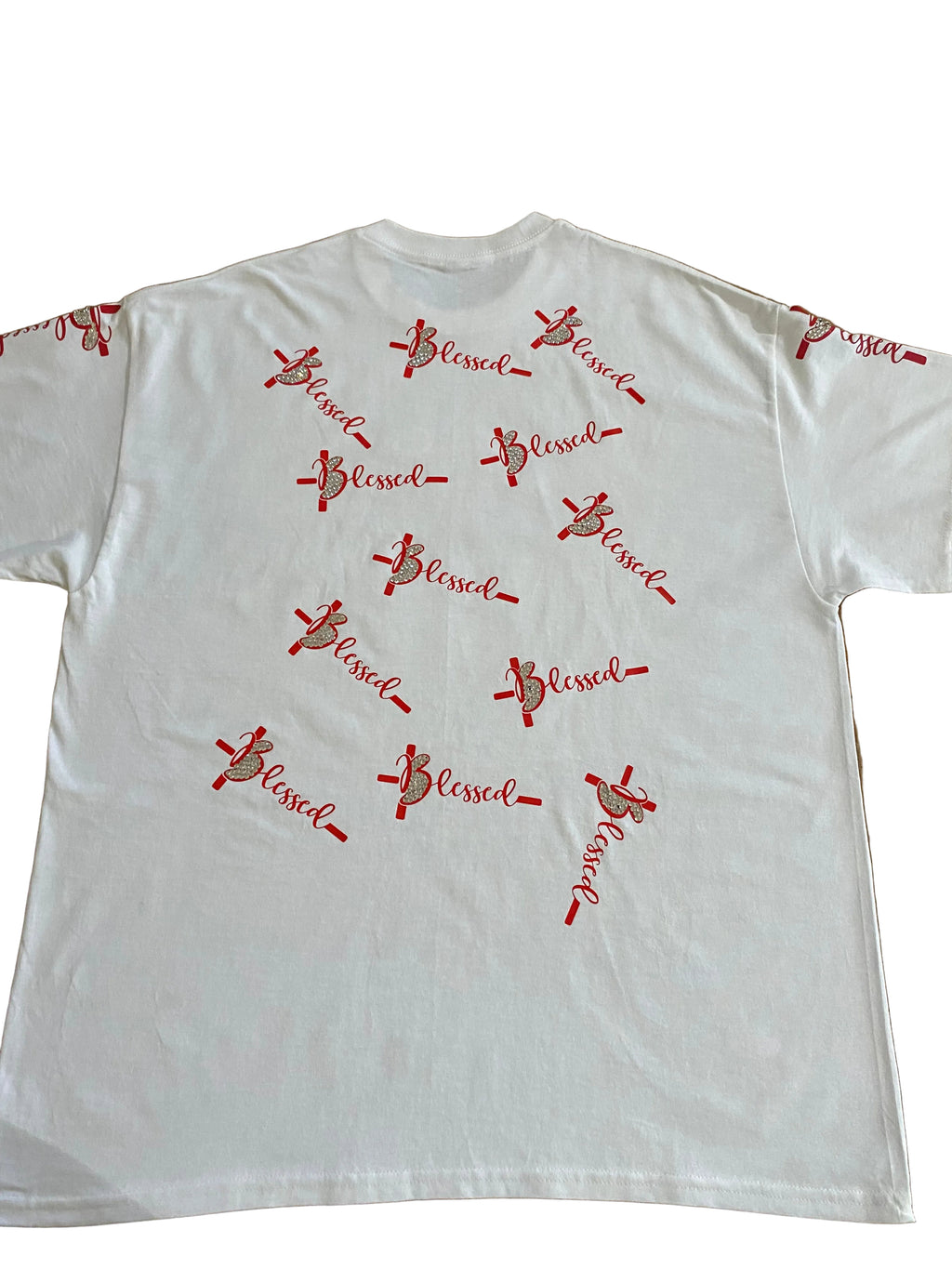 Built God Tough white t-shirt with red design and a rhinestone heart  the word Blessed all over the back decorated with rhinestones.