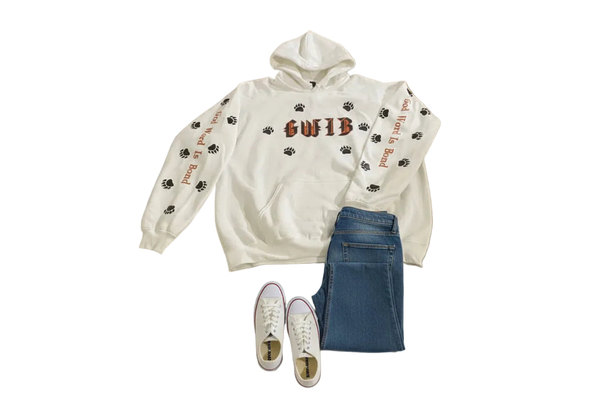 White hoodie with GWIB-God Word Is Bond and a cross design, blue jeans, and white sneakers on a white background