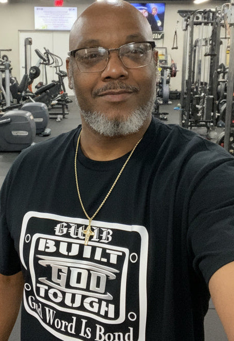 Black T-Shirt with motivational white and silver Built God Tough design on the front and the word Blessed with a cross on the back
