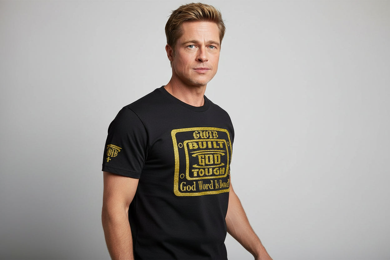Built God Tough T shirt in black with a gold glitter design.