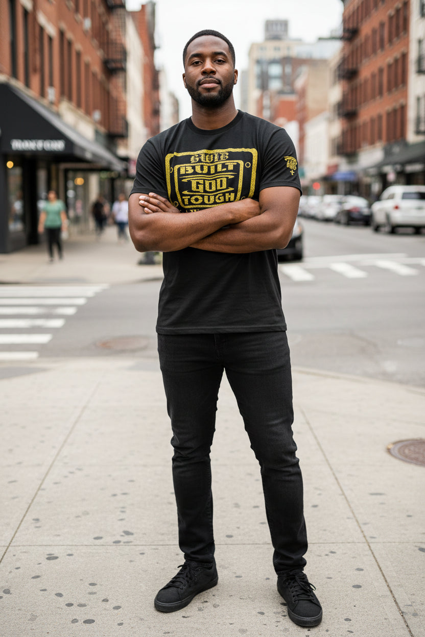 Built God Tough T shirt in black with a gold glitter design.