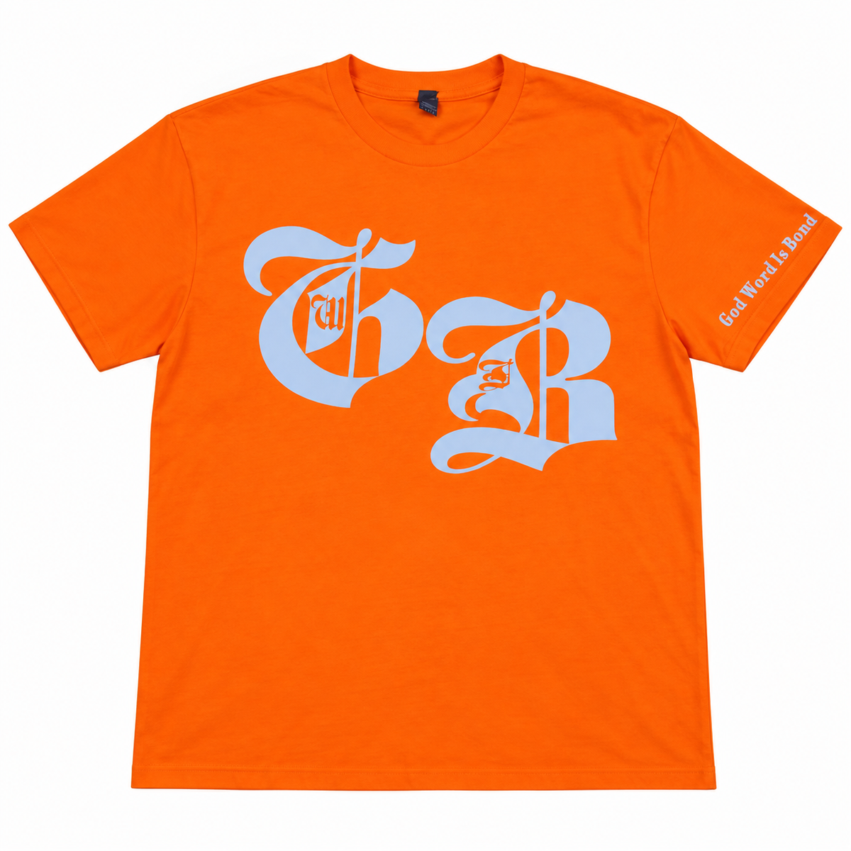 Orange GWIB Faith Graphic T-Shirt laid flat with silver GWIB chest artwork and God Word Is Bond sleeve lettering