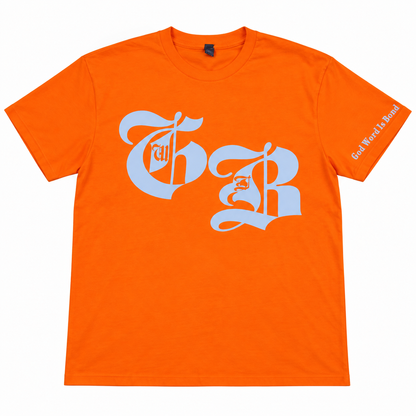 Orange GWIB Faith Graphic T-Shirt laid flat with silver GWIB chest artwork and God Word Is Bond sleeve lettering