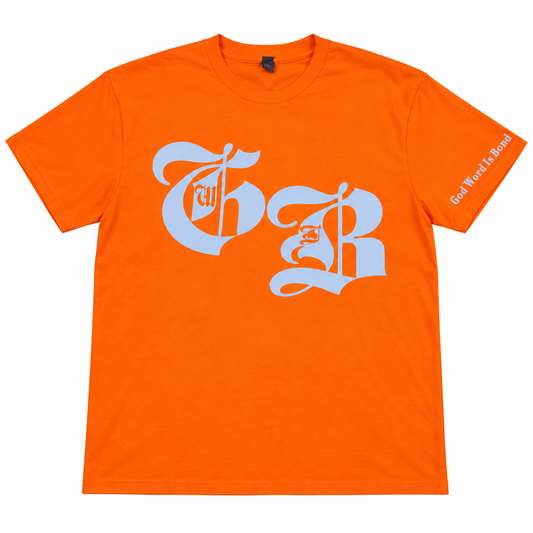 Orange GWIB Faith Graphic T-Shirt laid flat with silver GWIB chest artwork and God Word Is Bond sleeve lettering